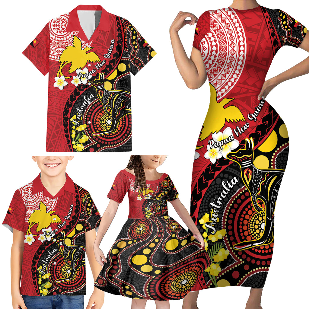 Papua New Guinea And Australia Aboriginal Family Matching Short Sleeve Bodycon Dress and Hawaiian Shirt Bird Of Paradise And Kangaroo Together LT05 - Polynesian Pride
