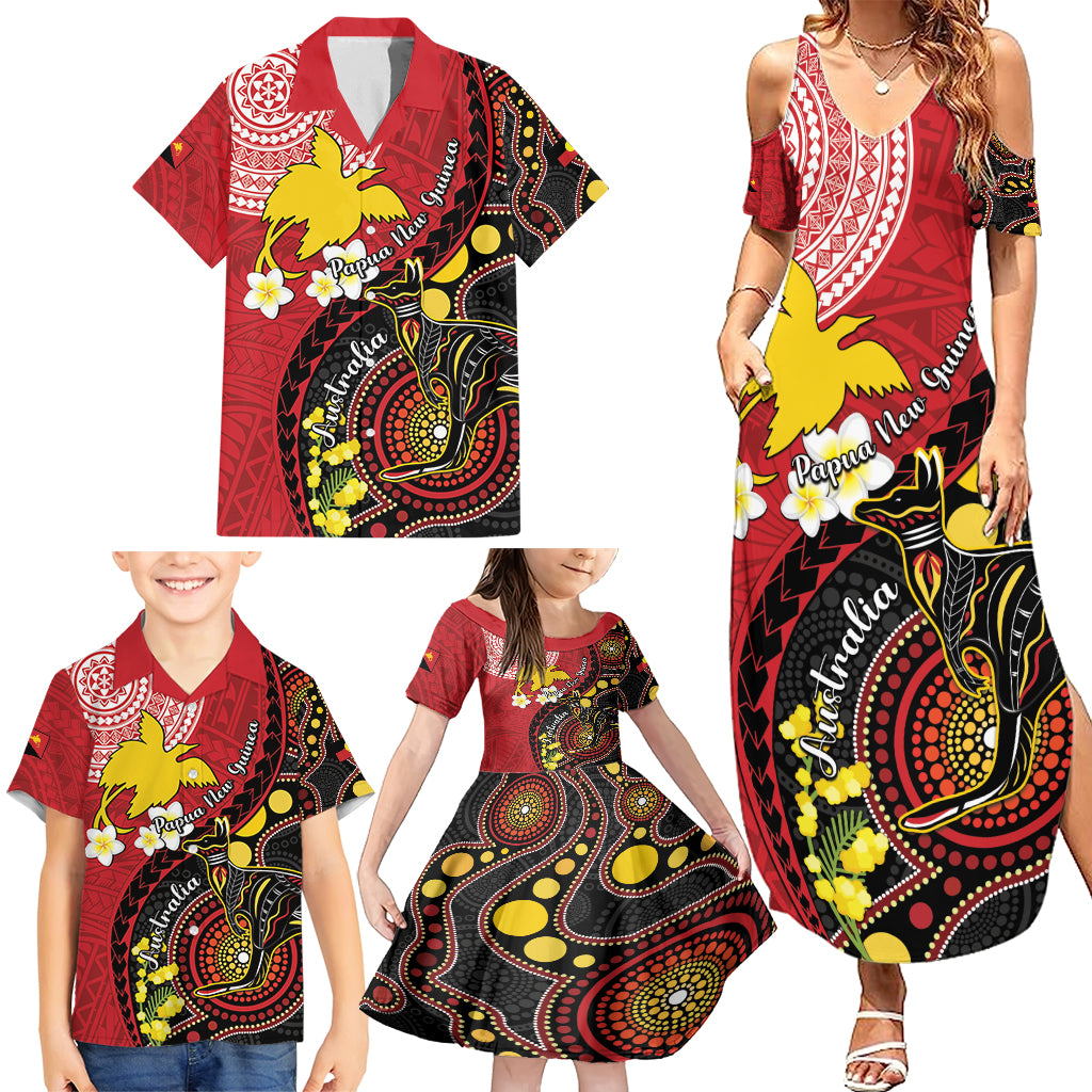 Papua New Guinea And Australia Aboriginal Family Matching Summer Maxi Dress and Hawaiian Shirt Bird Of Paradise And Kangaroo Together