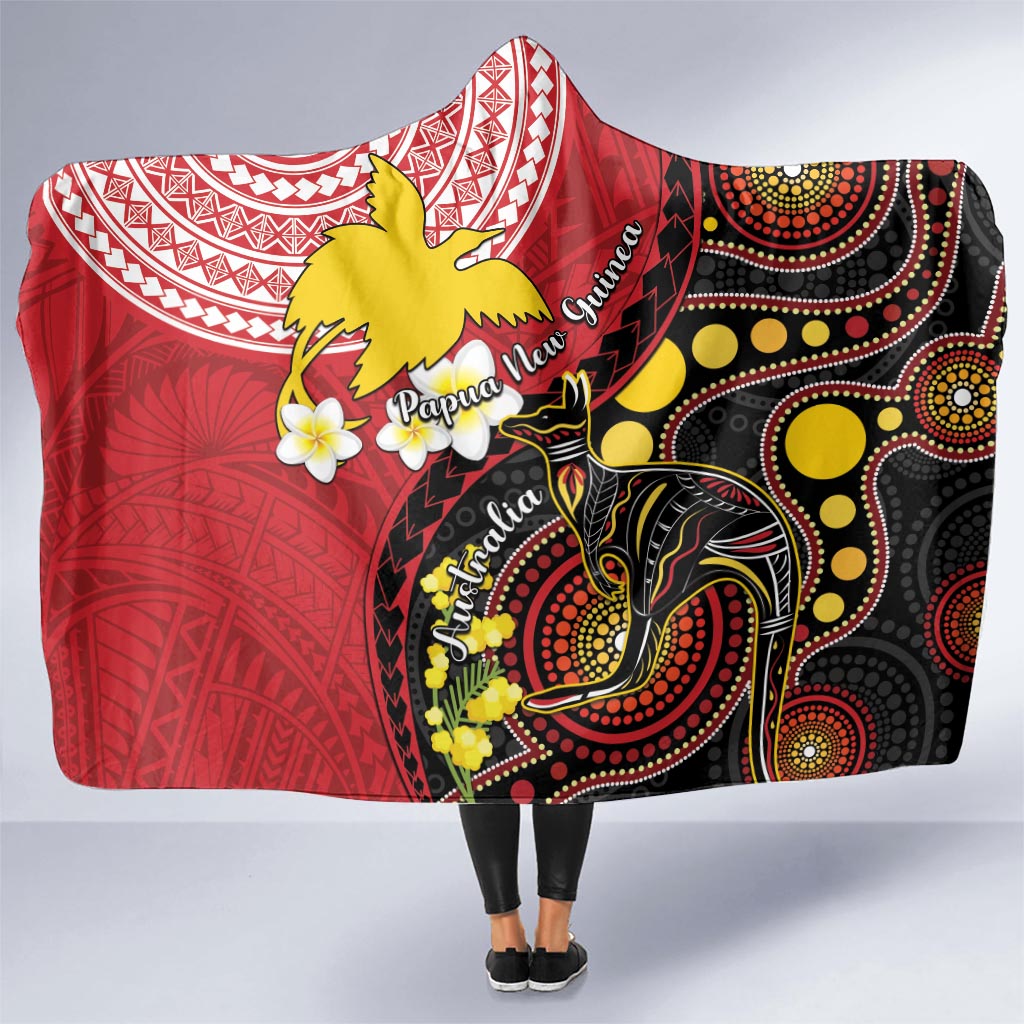 Papua New Guinea And Australia Aboriginal Hooded Blanket Bird Of Paradise And Kangaroo Together LT05 One Size Red - Polynesian Pride