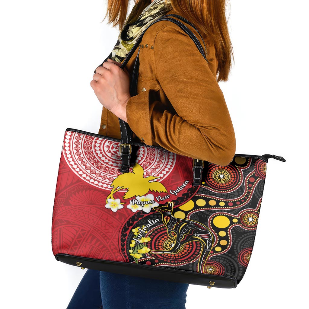 Papua New Guinea And Australia Aboriginal Leather Tote Bag Bird Of Paradise And Kangaroo Together LT05 Red - Polynesian Pride
