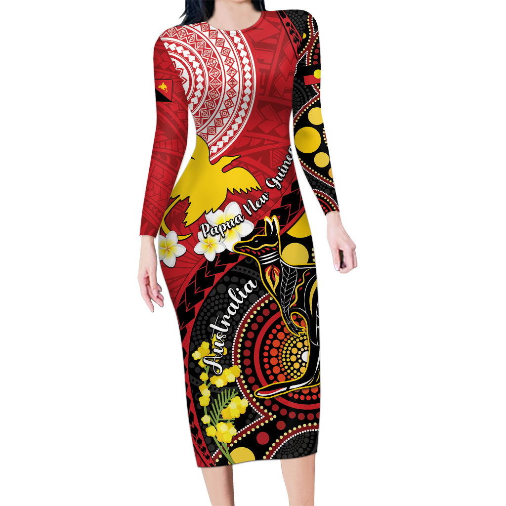 Papua New Guinea And Australia Aboriginal Long Sleeve Bodycon Dress Bird Of Paradise And Kangaroo Together