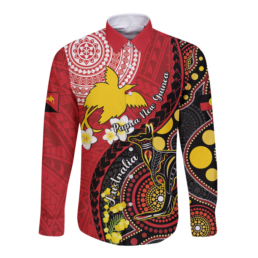 Papua New Guinea And Australia Aboriginal Long Sleeve Button Shirt Bird Of Paradise And Kangaroo Together