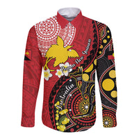 Papua New Guinea And Australia Aboriginal Long Sleeve Button Shirt Bird Of Paradise And Kangaroo Together
