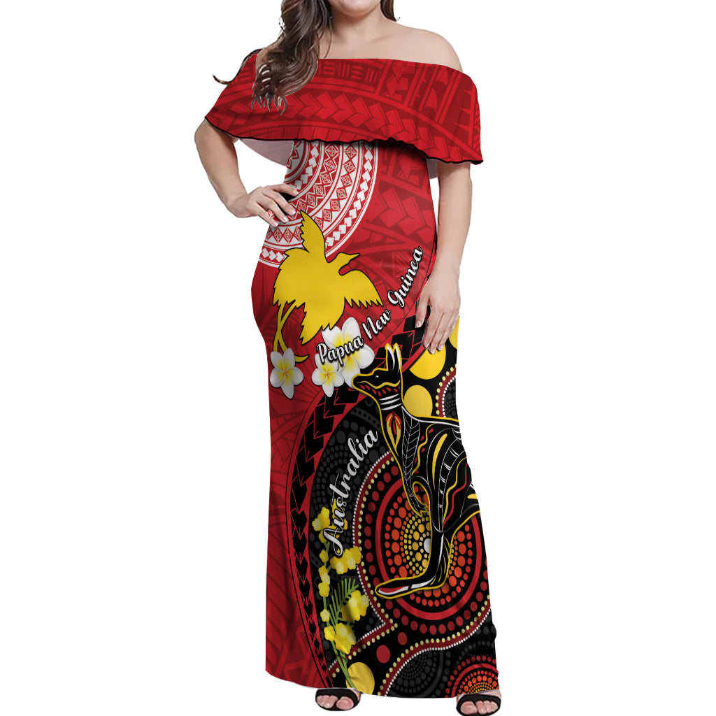 Papua New Guinea And Australia Aboriginal Off Shoulder Maxi Dress Bird Of Paradise And Kangaroo Together