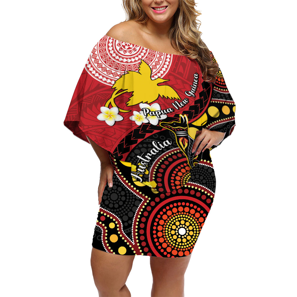 Papua New Guinea And Australia Aboriginal Off Shoulder Short Dress Bird Of Paradise And Kangaroo Together