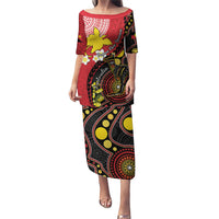 Papua New Guinea And Australia Aboriginal Puletasi Bird Of Paradise And Kangaroo Together LT05 Long Dress Red - Polynesian Pride