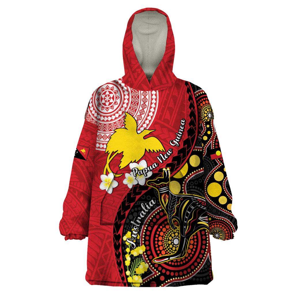 Papua New Guinea And Australia Aboriginal Wearable Blanket Hoodie Bird Of Paradise And Kangaroo Together LT05 One Size Red - Polynesian Pride