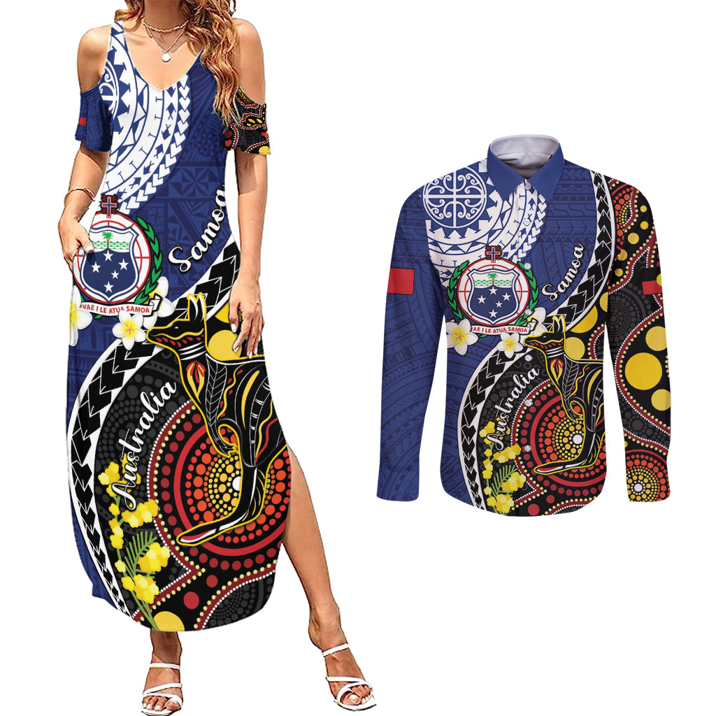 Samoa And Australia Together Couples Matching Summer Maxi Dress and Long Sleeve Button Shirt Aboriginal Mix Polynesian