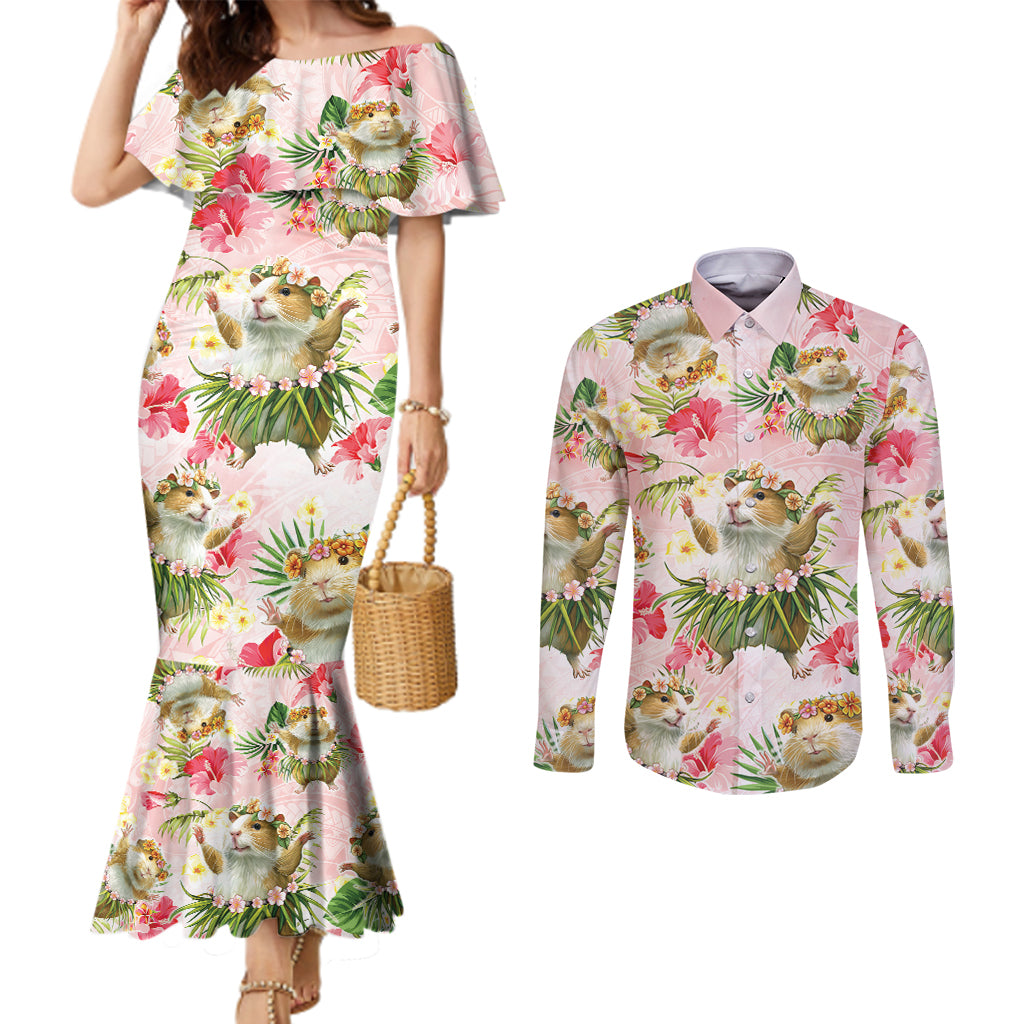 Hawaii Guinea Hula Pig Couples Matching Mermaid Dress and Long Sleeve Button Shirt Funny Tropical Style LT05 Pink - Polynesian Pride