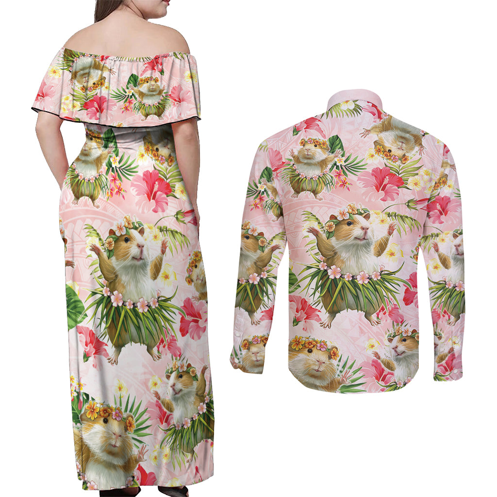 Hawaii Guinea Hula Pig Couples Matching Off Shoulder Maxi Dress and Long Sleeve Button Shirt Funny Tropical Style LT05 - Polynesian Pride