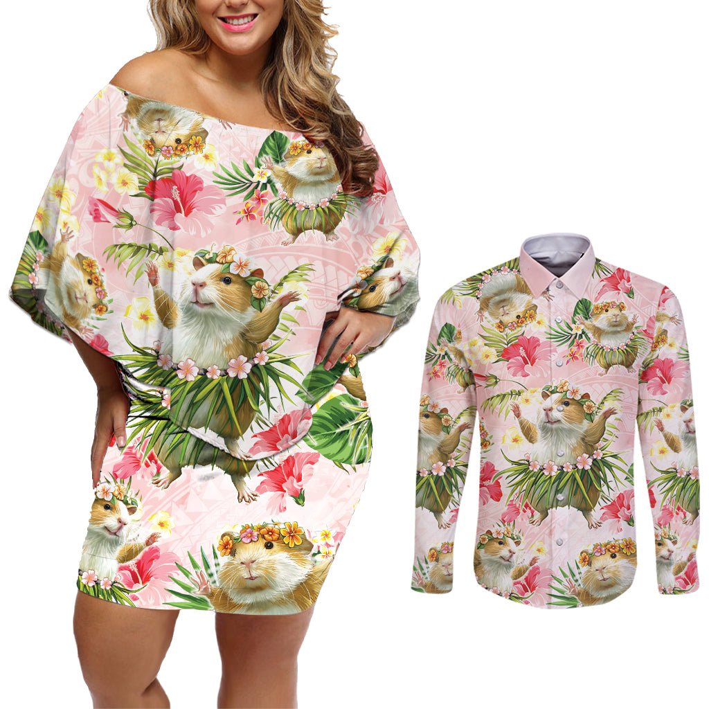 Hawaii Guinea Hula Pig Couples Matching Off Shoulder Short Dress and Long Sleeve Button Shirt Funny Tropical Style LT05 Pink - Polynesian Pride