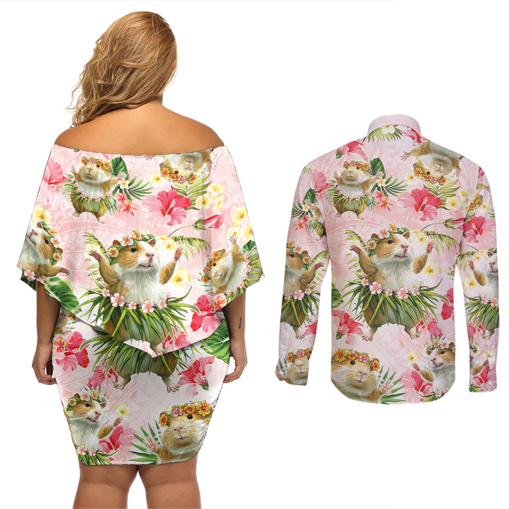 Hawaii Guinea Hula Pig Couples Matching Off Shoulder Short Dress and Long Sleeve Button Shirt Funny Tropical Style LT05 - Polynesian Pride