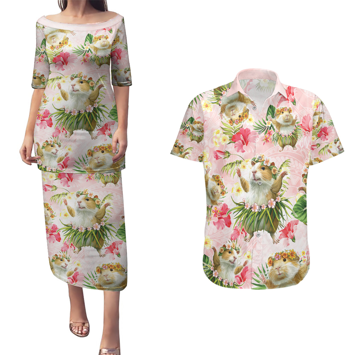 Hawaii Guinea Hula Pig Couples Matching Puletasi and Hawaiian Shirt Funny Tropical Style