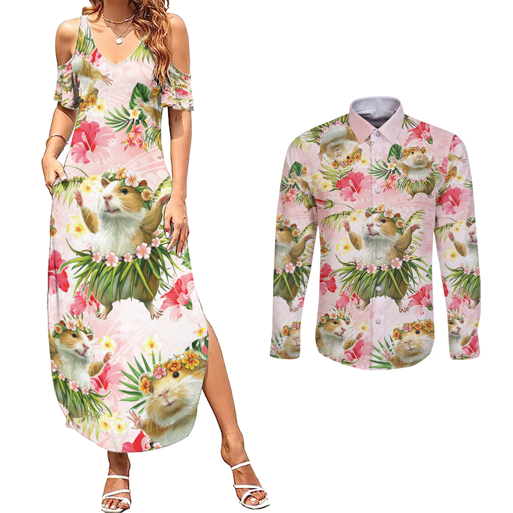 Hawaii Guinea Hula Pig Couples Matching Summer Maxi Dress and Long Sleeve Button Shirt Funny Tropical Style LT05 Pink - Polynesian Pride