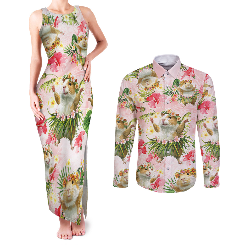 Hawaii Guinea Hula Pig Couples Matching Tank Maxi Dress and Long Sleeve Button Shirt Funny Tropical Style LT05 Pink - Polynesian Pride
