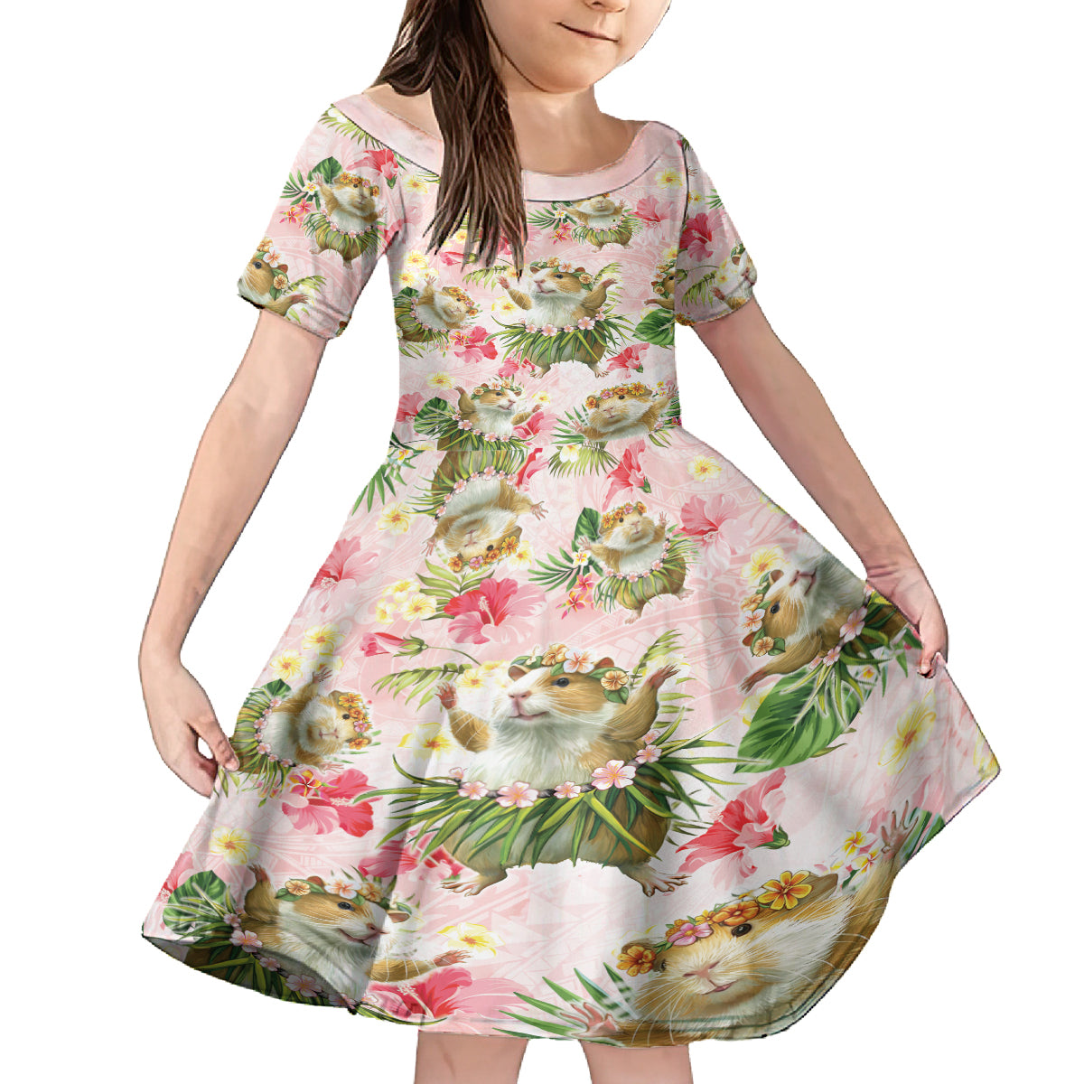 Hawaii Guinea Hula Pig Family Matching Off The Shoulder Long Sleeve Dress and Hawaiian Shirt Funny Tropical Style
