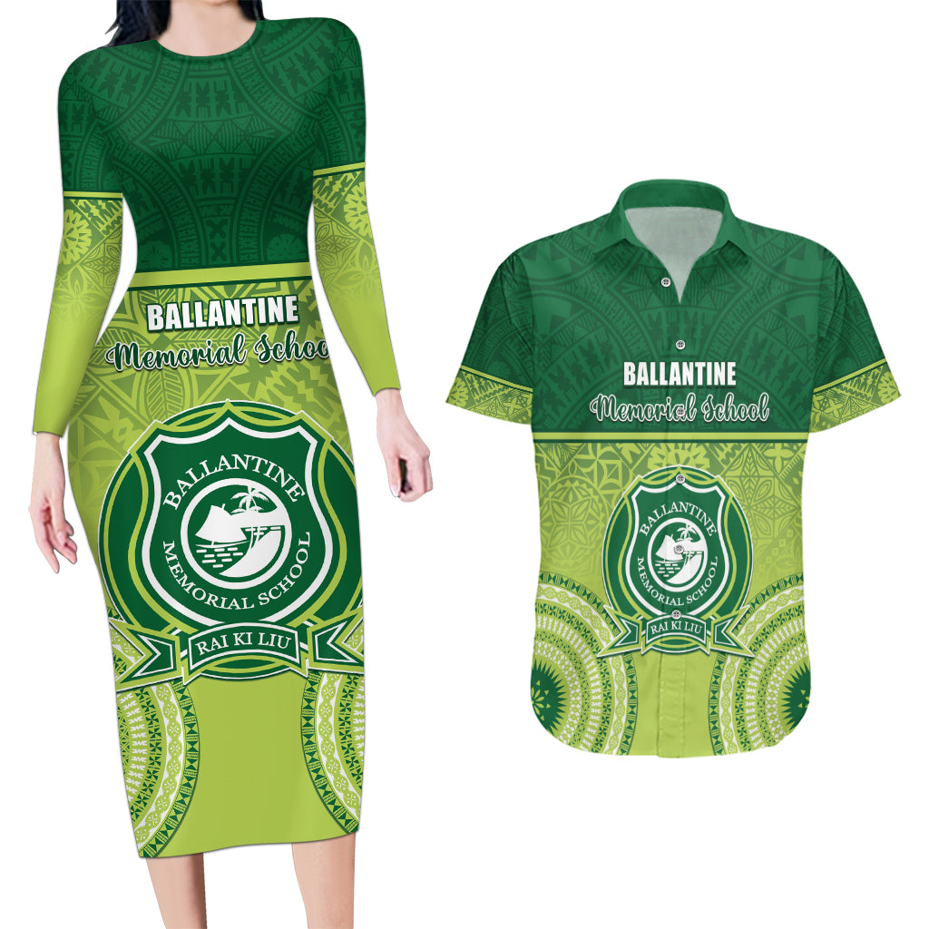 Personalised Ballantine Memorial School Couples Matching Long Sleeve Bodycon Dress and Hawaiian Shirt With Fijian Tapa Pattern