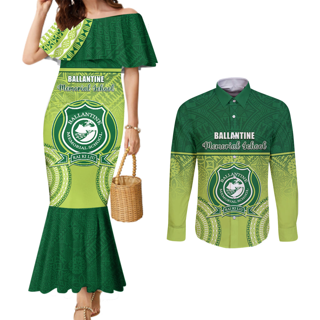 Personalised Ballantine Memorial School Couples Matching Mermaid Dress and Long Sleeve Button Shirt With Fijian Tapa Pattern