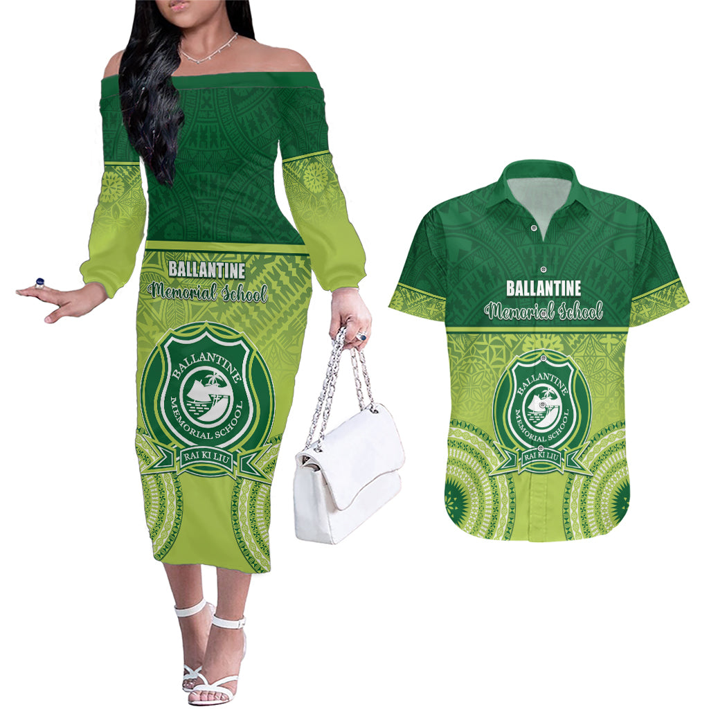 Personalised Ballantine Memorial School Couples Matching Off The Shoulder Long Sleeve Dress and Hawaiian Shirt With Fijian Tapa Pattern