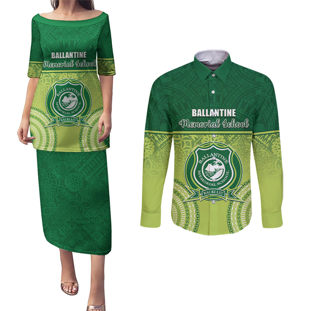 Personalised Ballantine Memorial School Couples Matching Puletasi and Long Sleeve Button Shirt With Fijian Tapa Pattern