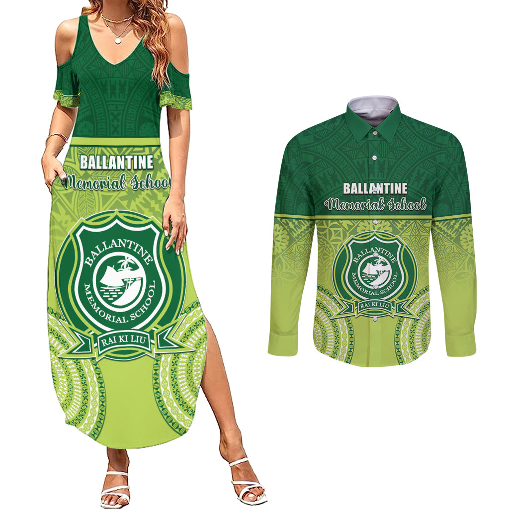 Personalised Ballantine Memorial School Couples Matching Summer Maxi Dress and Long Sleeve Button Shirt With Fijian Tapa Pattern
