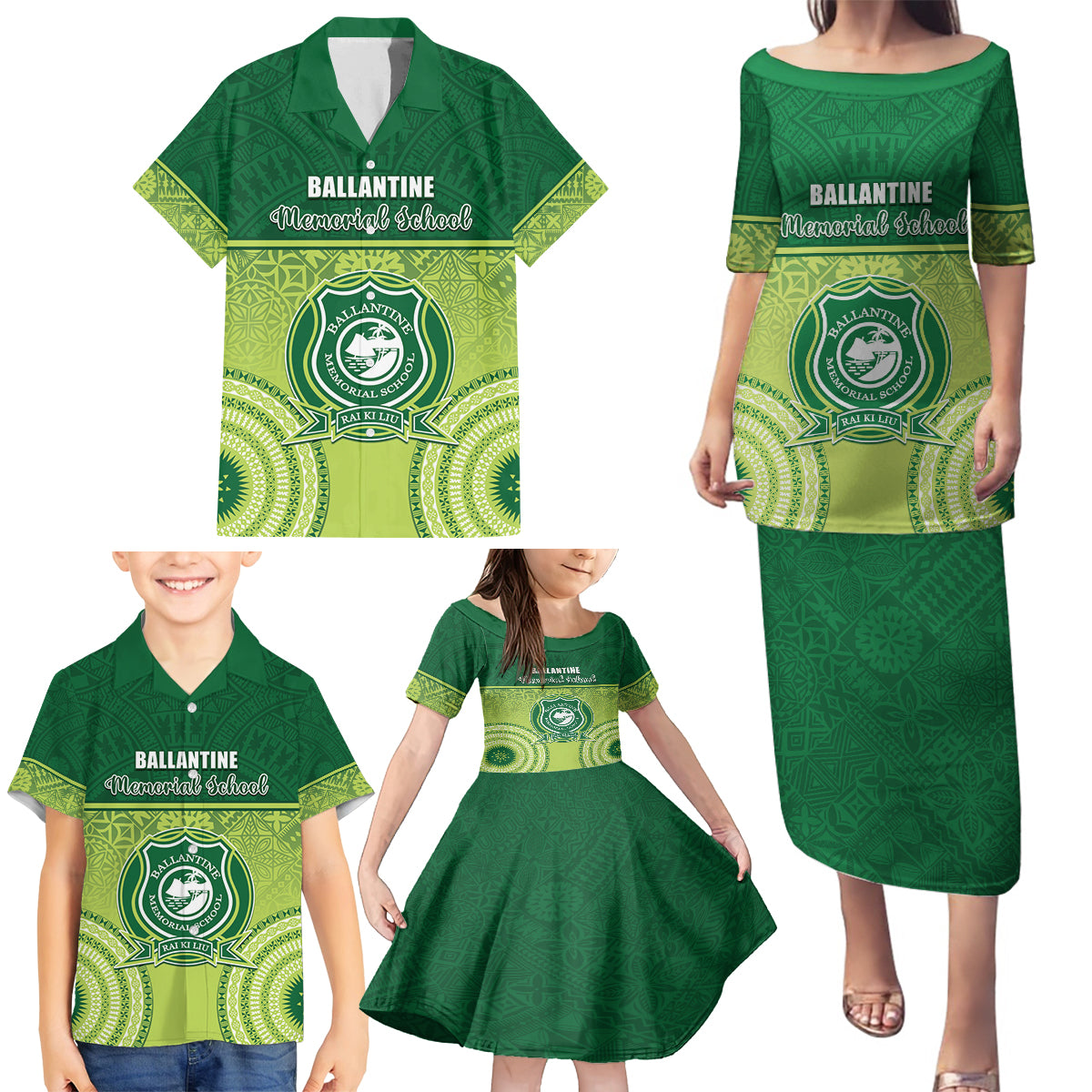 Personalised Ballantine Memorial School Family Matching Puletasi and Hawaiian Shirt With Fijian Tapa Pattern