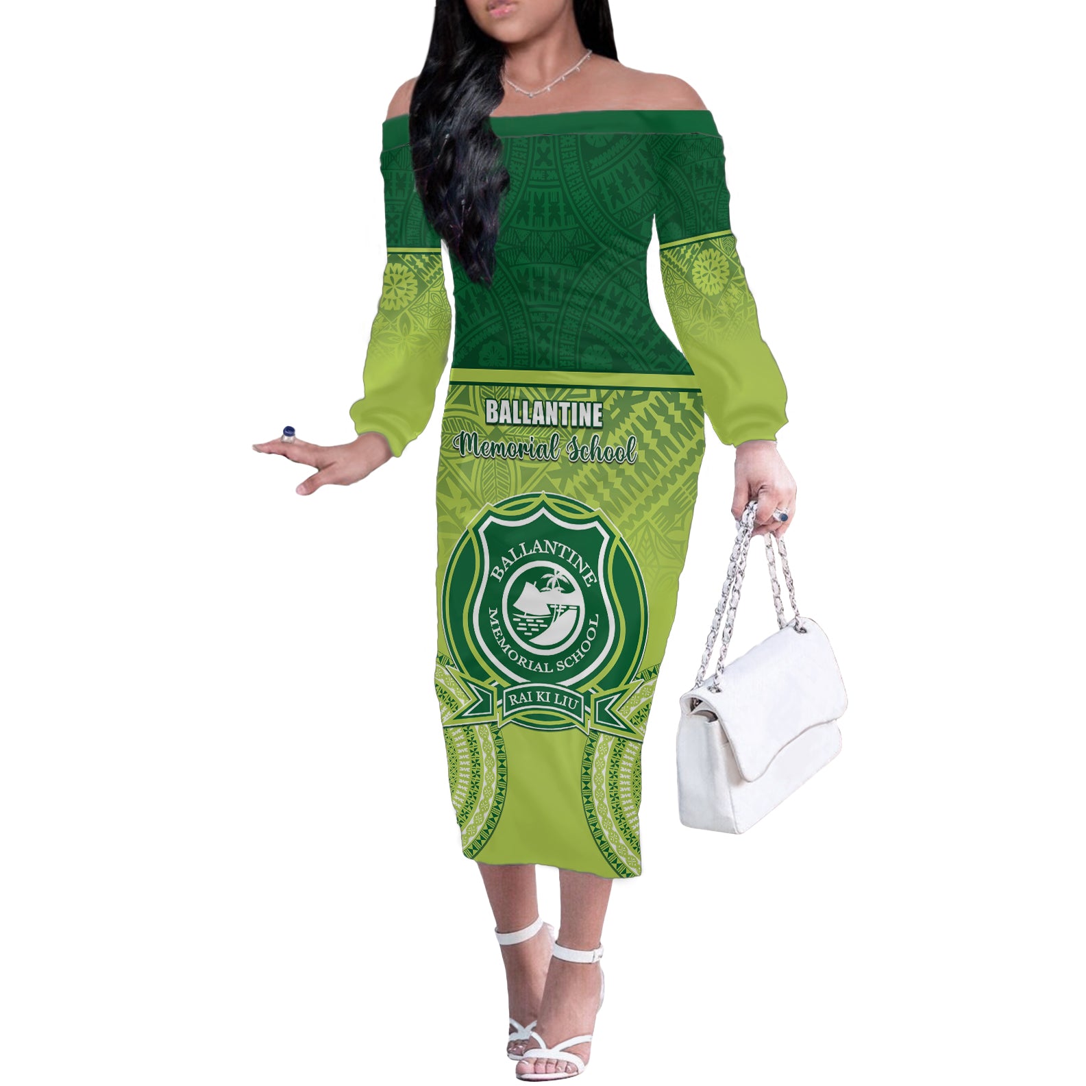 Personalised Ballantine Memorial School Off The Shoulder Long Sleeve Dress With Fijian Tapa Pattern