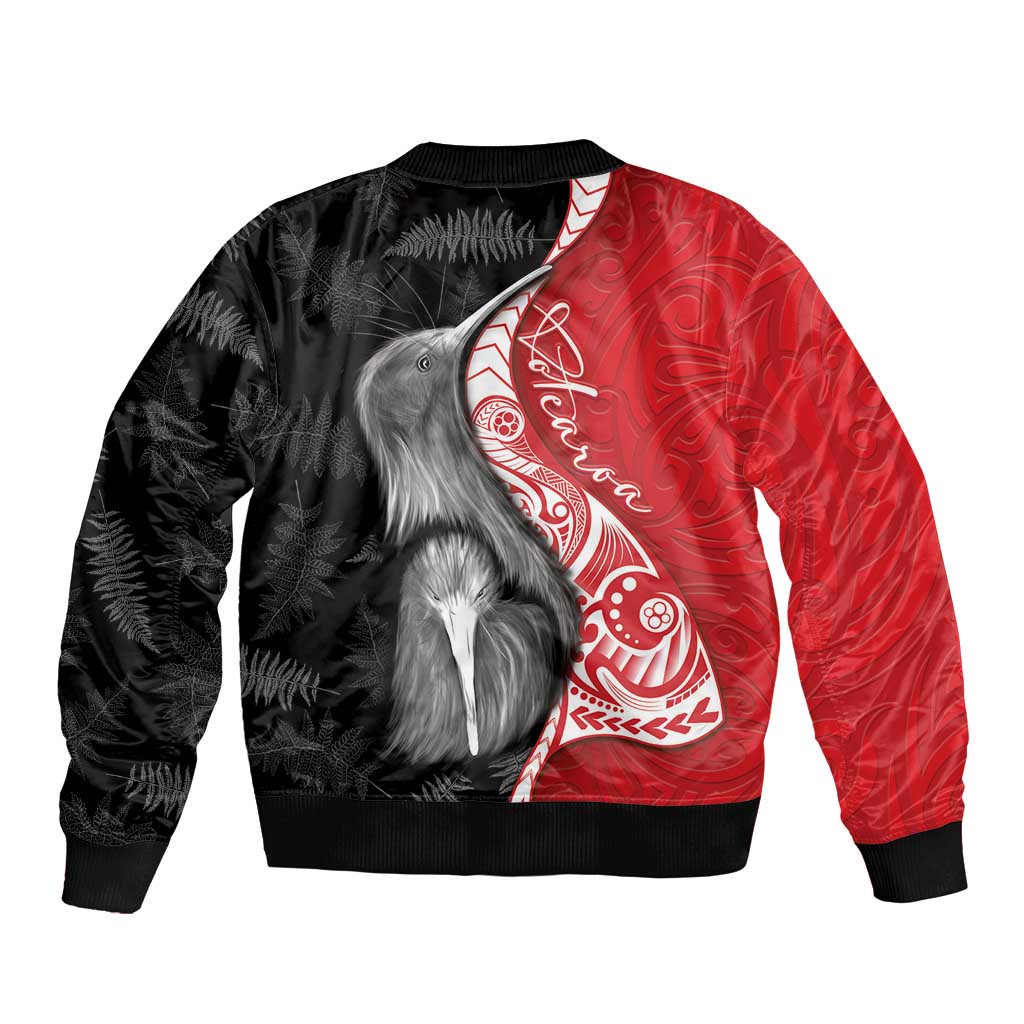 New Zealand Aotearoa Bomber Jacket Kiwi Fern Maori Pattern Red Version