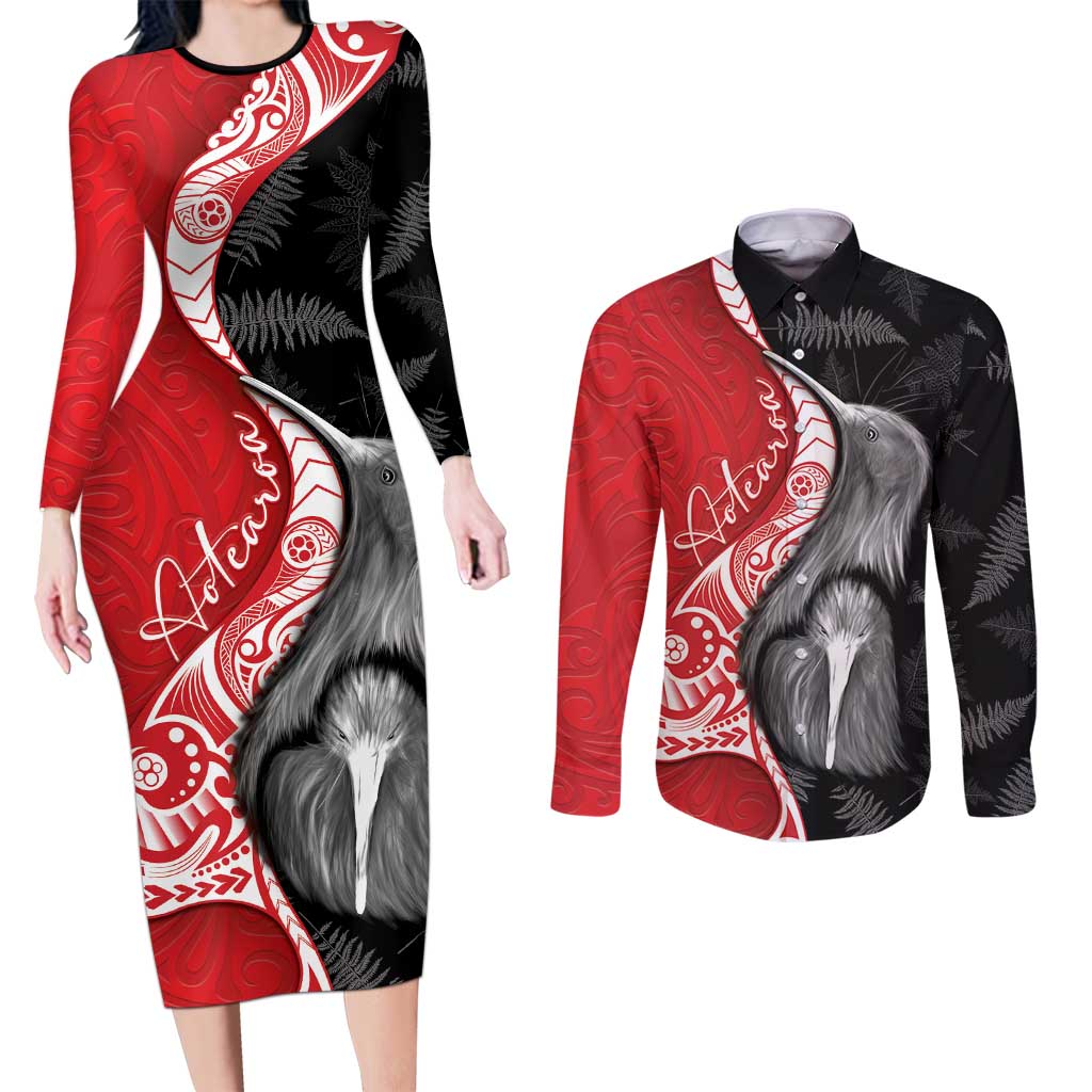New Zealand Aotearoa Couples Matching Long Sleeve Bodycon Dress and Long Sleeve Button Shirt Kiwi Fern Maori Pattern Red Version LT05 Red - Polynesian Pride
