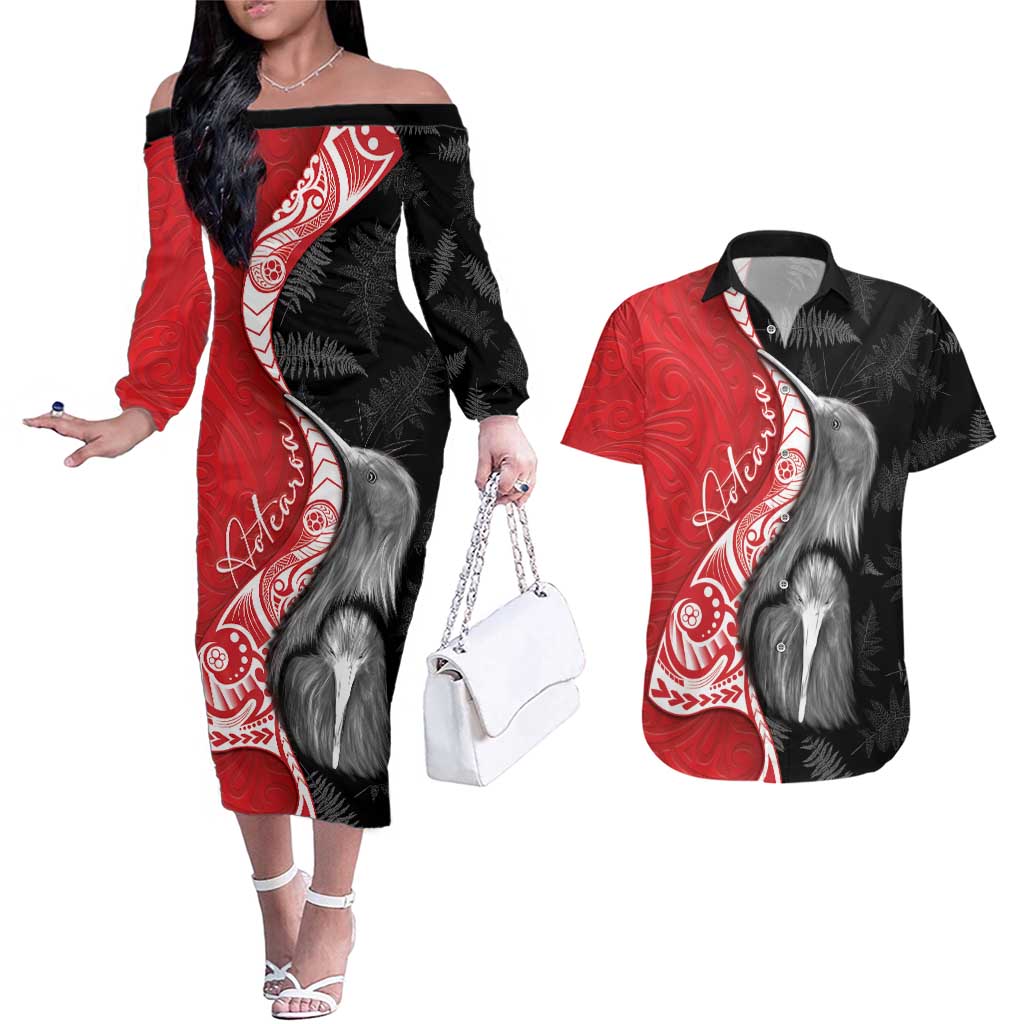 New Zealand Aotearoa Couples Matching Off The Shoulder Long Sleeve Dress and Hawaiian Shirt Kiwi Fern Maori Pattern Red Version LT05 Red - Polynesian Pride