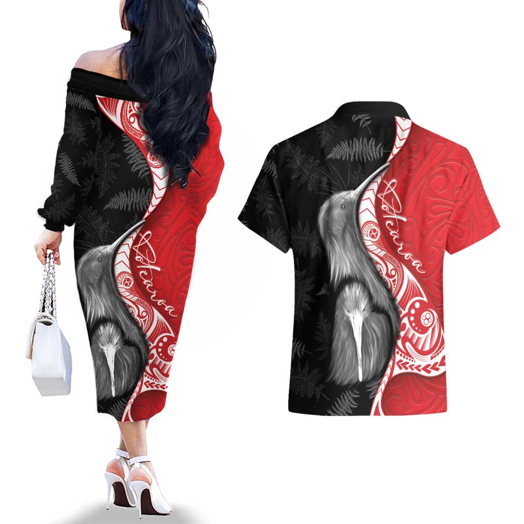 New Zealand Aotearoa Couples Matching Off The Shoulder Long Sleeve Dress and Hawaiian Shirt Kiwi Fern Maori Pattern Red Version