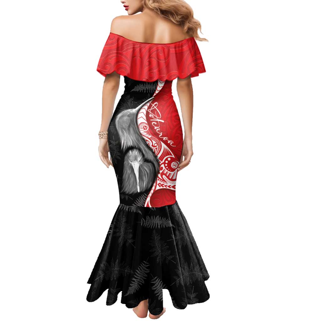 New Zealand Aotearoa Family Matching Mermaid Dress and Hawaiian Shirt Kiwi Fern Maori Pattern Red Version