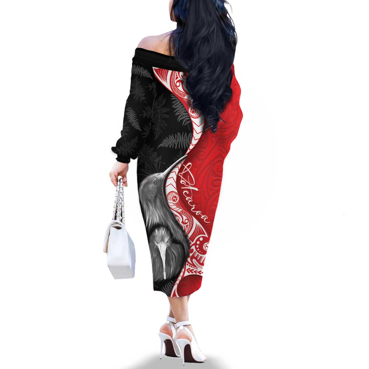 New Zealand Aotearoa Family Matching Off The Shoulder Long Sleeve Dress and Hawaiian Shirt Kiwi Fern Maori Pattern Red Version