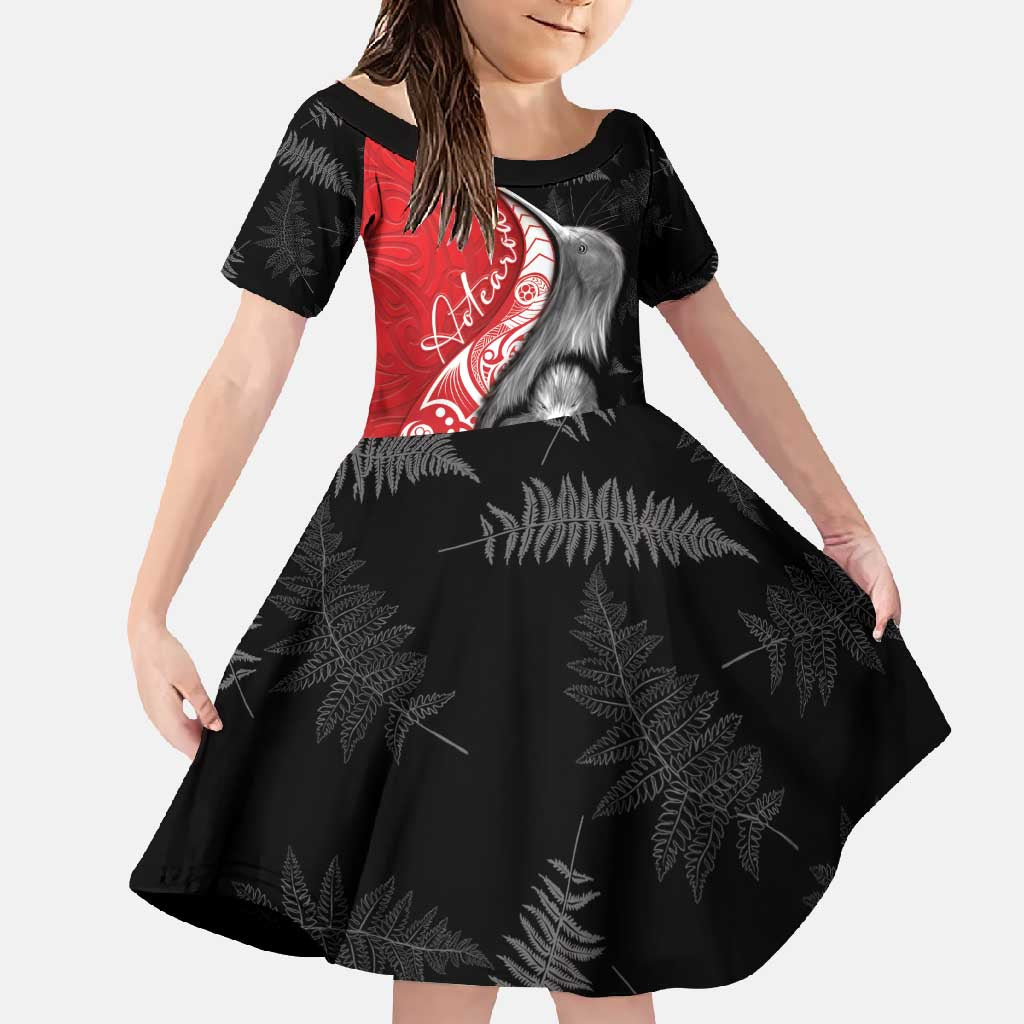 New Zealand Aotearoa Family Matching Off Shoulder Maxi Dress and Hawaiian Shirt Kiwi Fern Maori Pattern Red Version