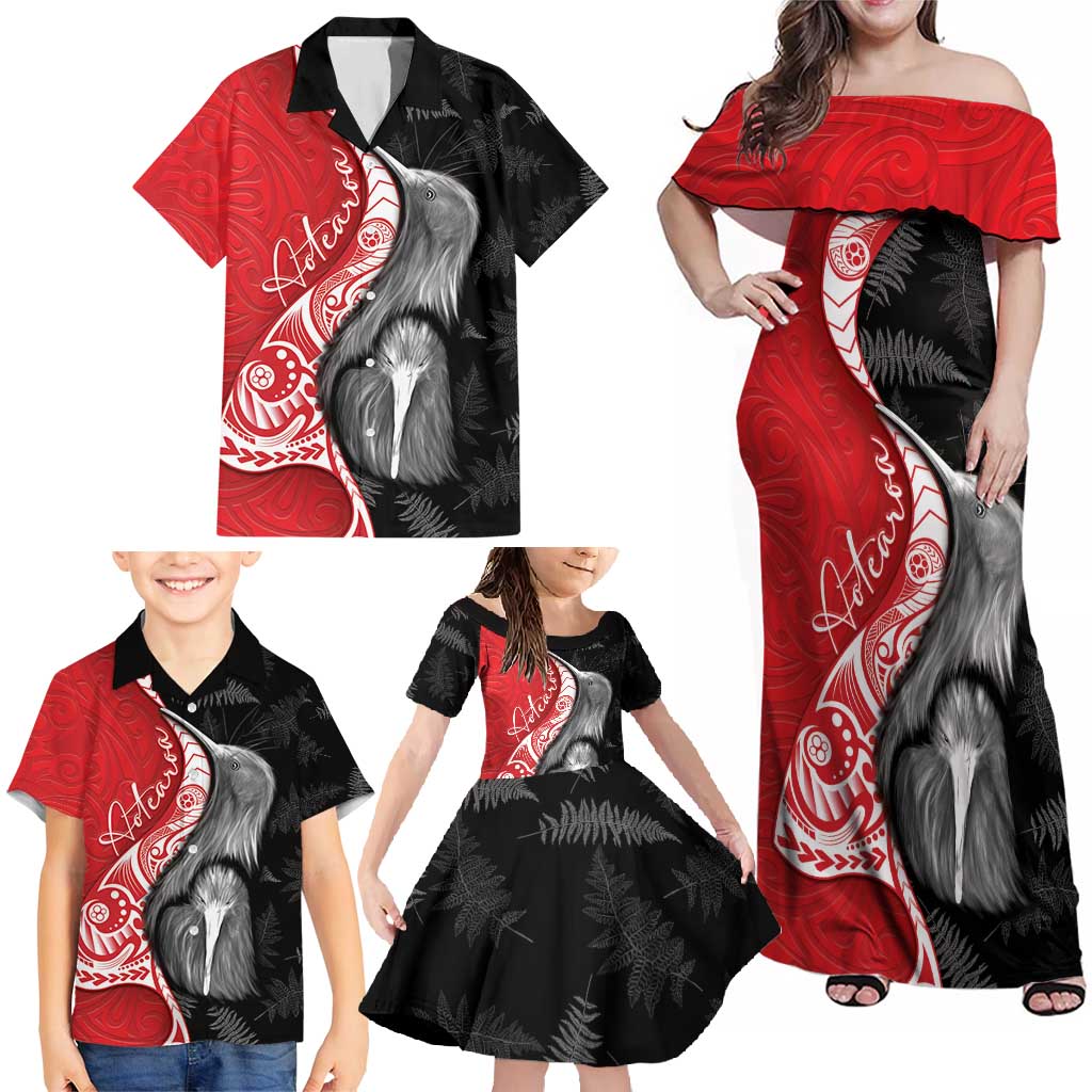 New Zealand Aotearoa Family Matching Off Shoulder Maxi Dress and Hawaiian Shirt Kiwi Fern Maori Pattern Red Version LT05 - Polynesian Pride