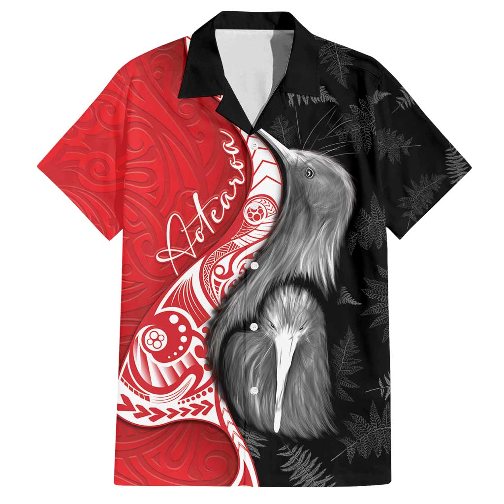 New Zealand Aotearoa Family Matching Off Shoulder Short Dress and Hawaiian Shirt Kiwi Fern Maori Pattern Red Version