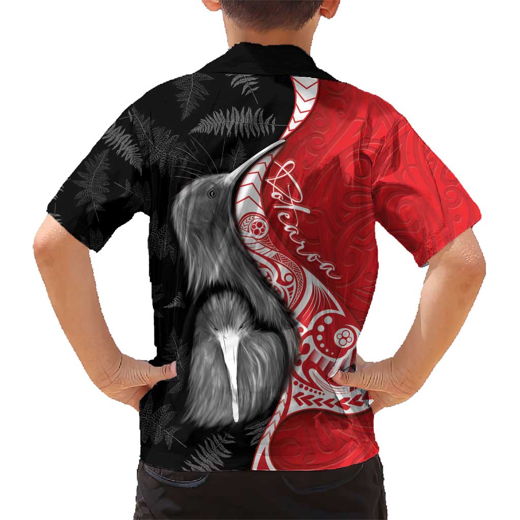 New Zealand Aotearoa Family Matching Short Sleeve Bodycon Dress and Hawaiian Shirt Kiwi Fern Maori Pattern Red Version