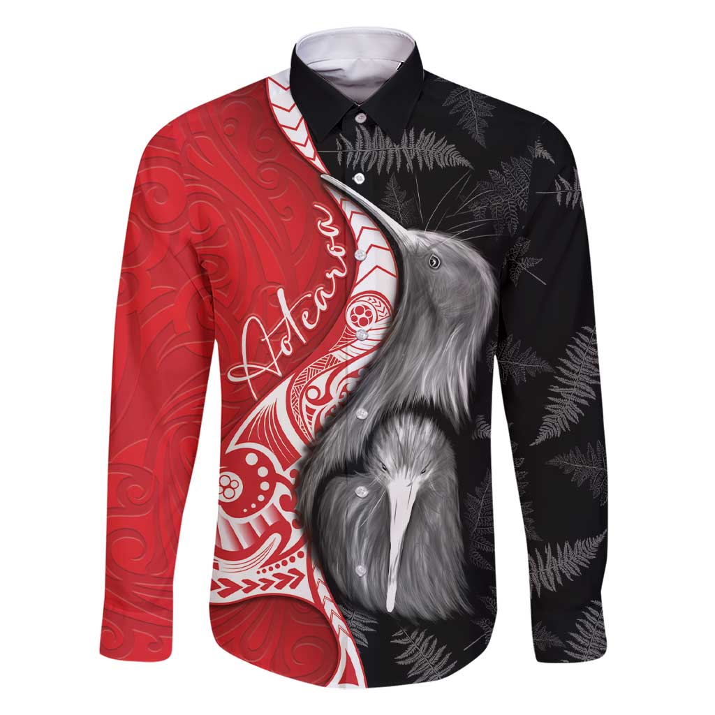New Zealand Aotearoa Family Matching Short Sleeve Bodycon Dress and Hawaiian Shirt Kiwi Fern Maori Pattern Red Version