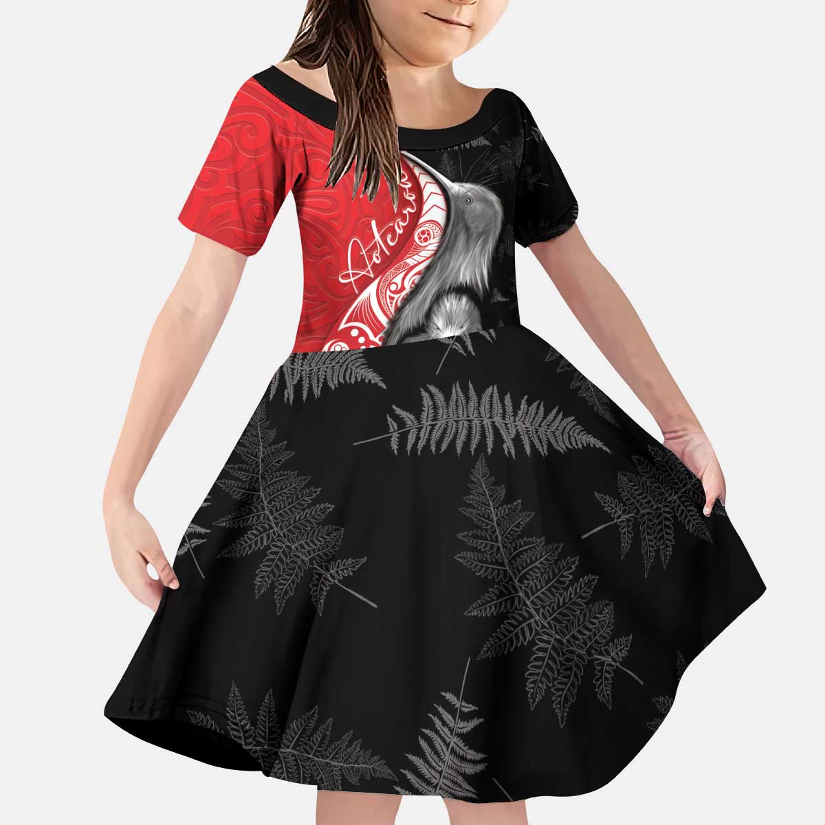 New Zealand Aotearoa Kid Short Sleeve Dress Kiwi Fern Maori Pattern Red Version