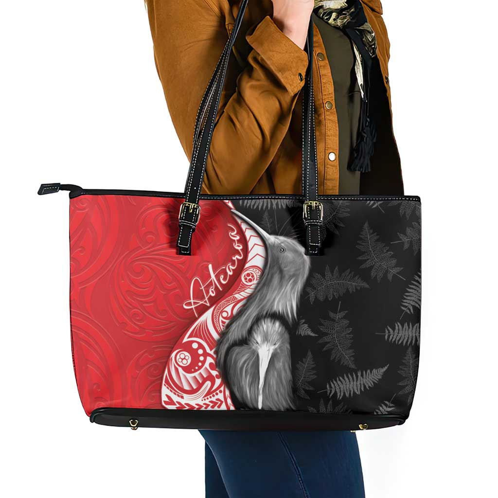 New Zealand Aotearoa Leather Tote Bag Kiwi Fern Maori Pattern Red Version
