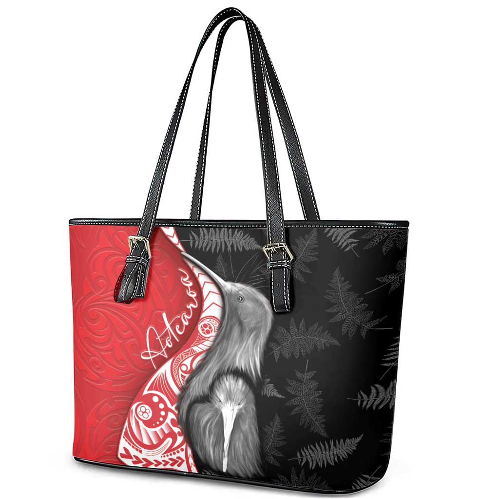 New Zealand Aotearoa Leather Tote Bag Kiwi Fern Maori Pattern Red Version