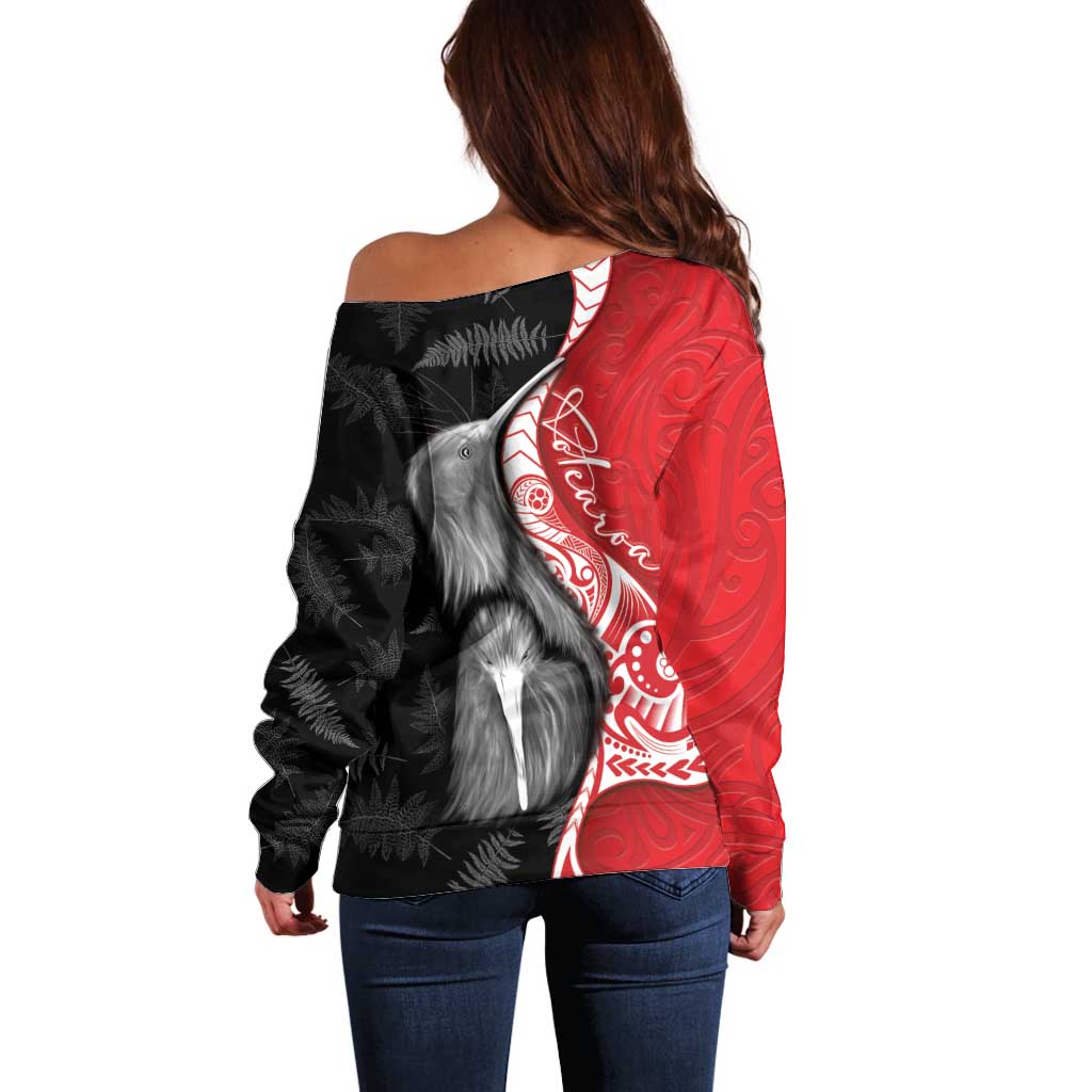 New Zealand Aotearoa Off Shoulder Sweater Kiwi Fern Maori Pattern Red Version