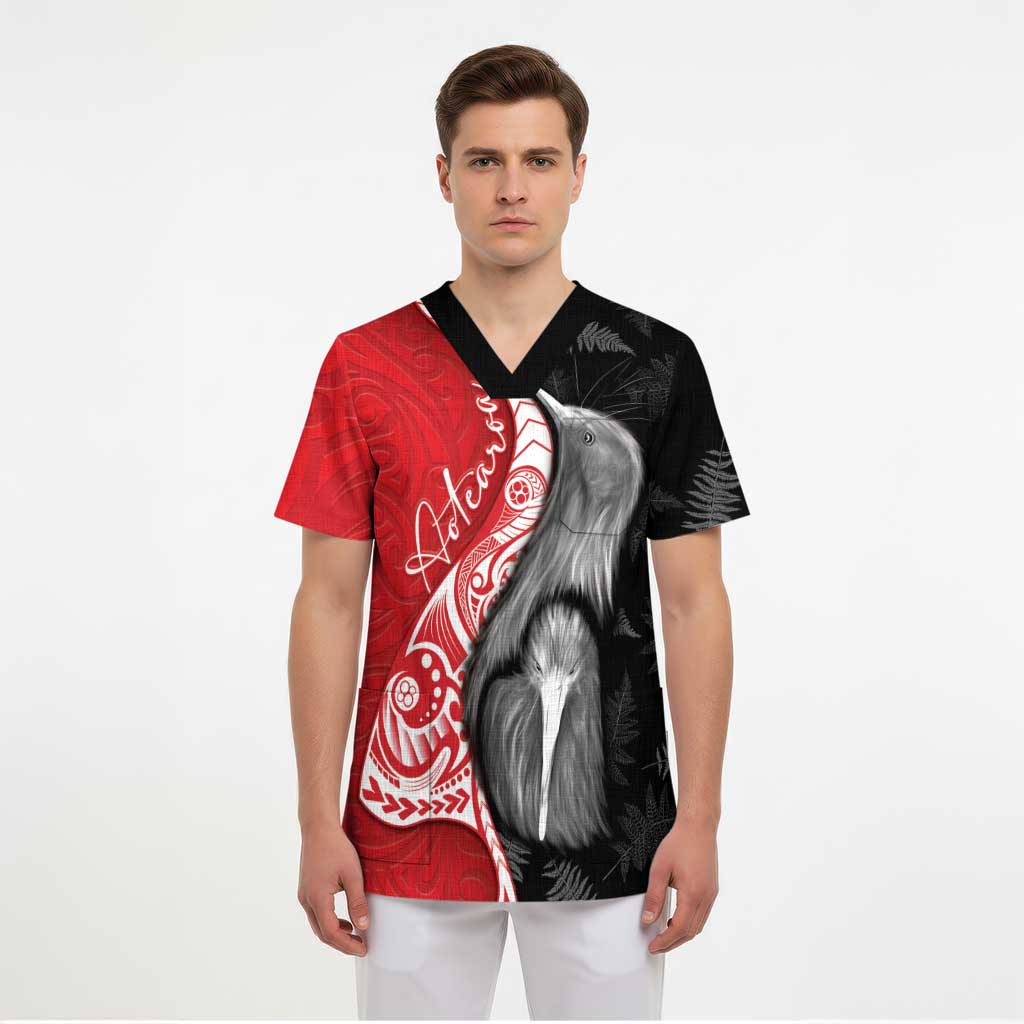 New Zealand Aotearoa Scrub Top Kiwi Fern Maori Pattern Red Version - Polynesian Pride
