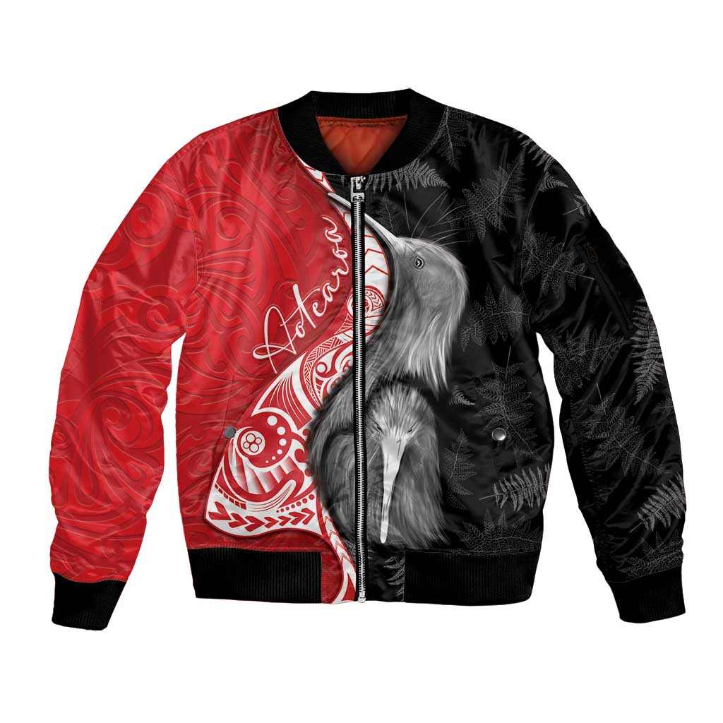 New Zealand Aotearoa Sleeve Zip Bomber Jacket Kiwi Fern Maori Pattern Red Version