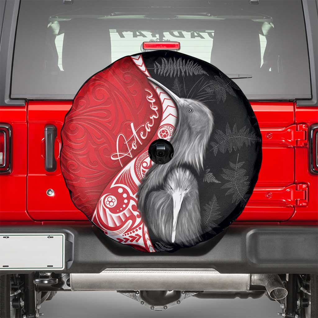 New Zealand Aotearoa Spare Tire Cover Kiwi Fern Maori Pattern Red Version