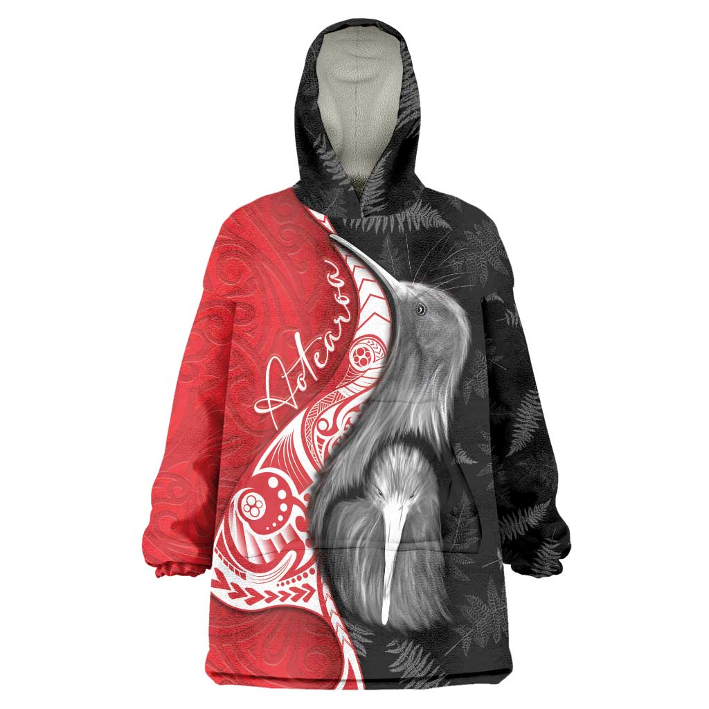 New Zealand Aotearoa Wearable Blanket Hoodie Kiwi Fern Maori Pattern Red Version LT05 One Size Red - Polynesian Pride