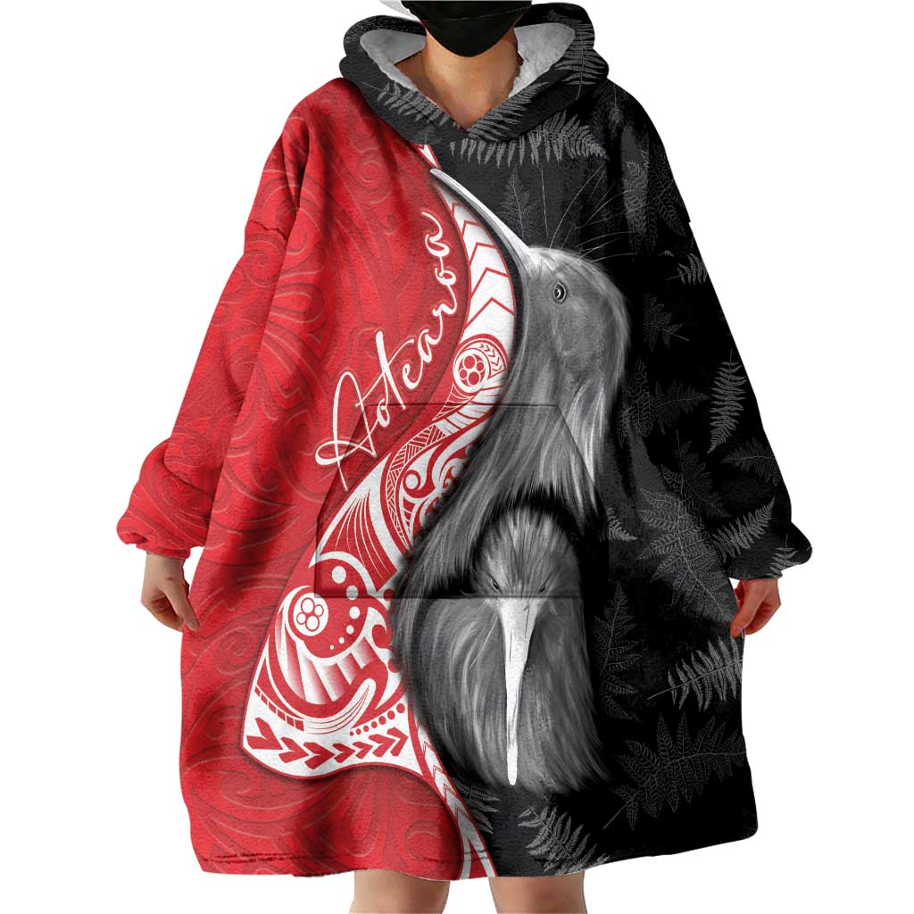 New Zealand Aotearoa Wearable Blanket Hoodie Kiwi Fern Maori Pattern Red Version LT05 - Polynesian Pride