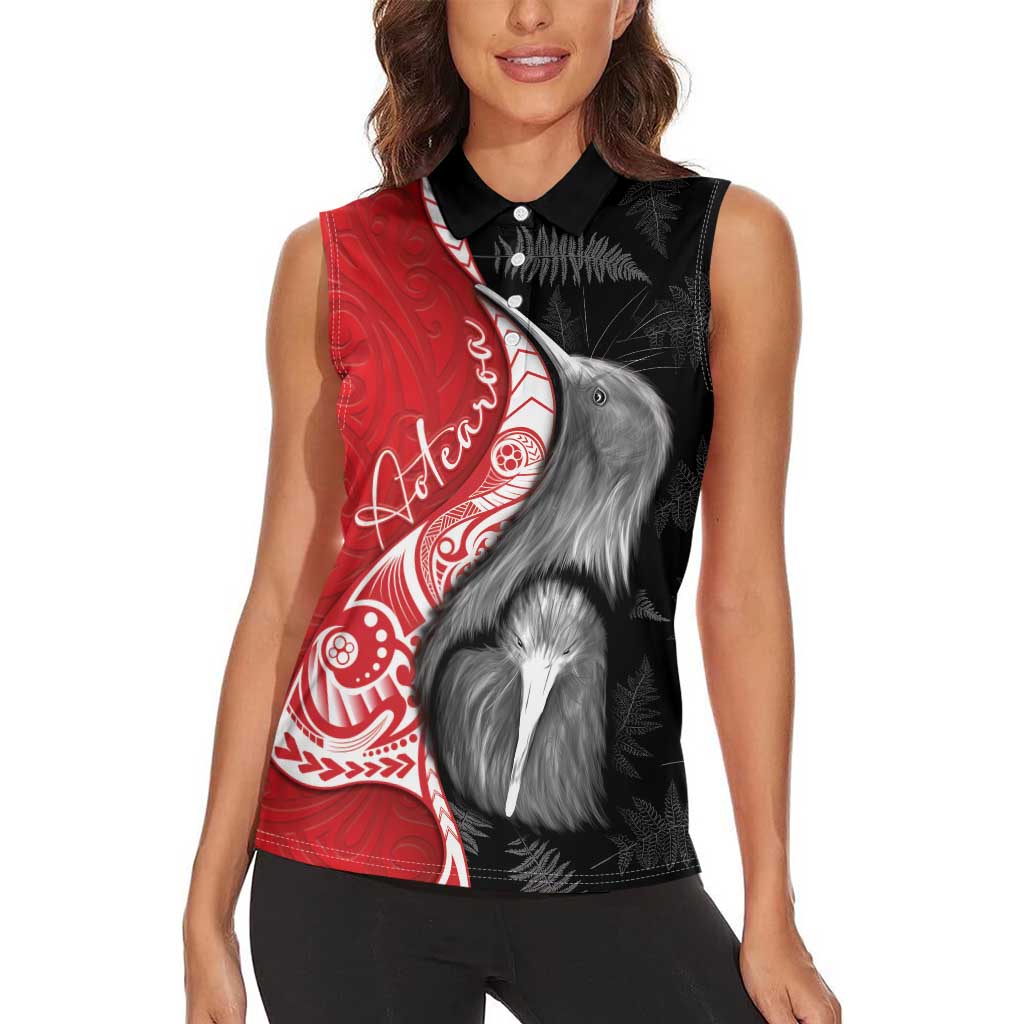 New Zealand Aotearoa Women Sleeveless Polo Shirt Kiwi Fern Maori Pattern Red Version
