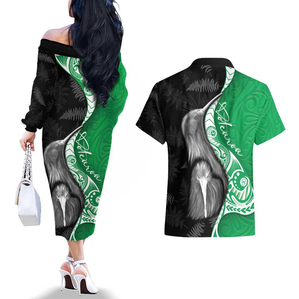New Zealand Aotearoa Couples Matching Off The Shoulder Long Sleeve Dress and Hawaiian Shirt Kiwi Fern Maori Pattern Green Version