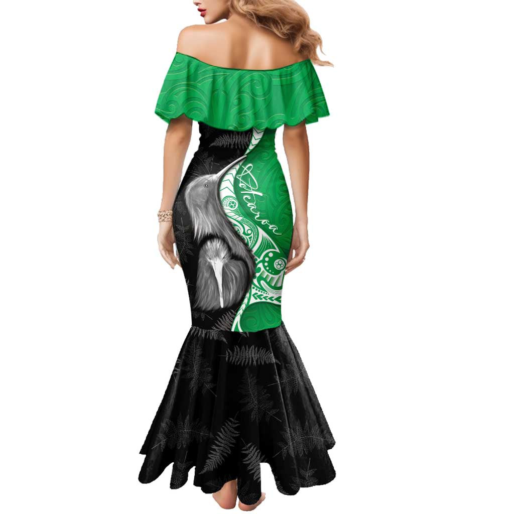 New Zealand Aotearoa Family Matching Mermaid Dress and Hawaiian Shirt Kiwi Fern Maori Pattern Green Version